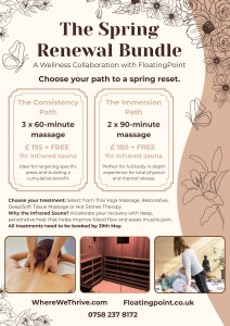 Massage offer, bundle, spring renewal, infrared sauna, Tilehurst, Pangbourne, spring, thai yoga massage, hot stone massage, floating point, deep soft tissue massage, gift, mother's day, reset, treat