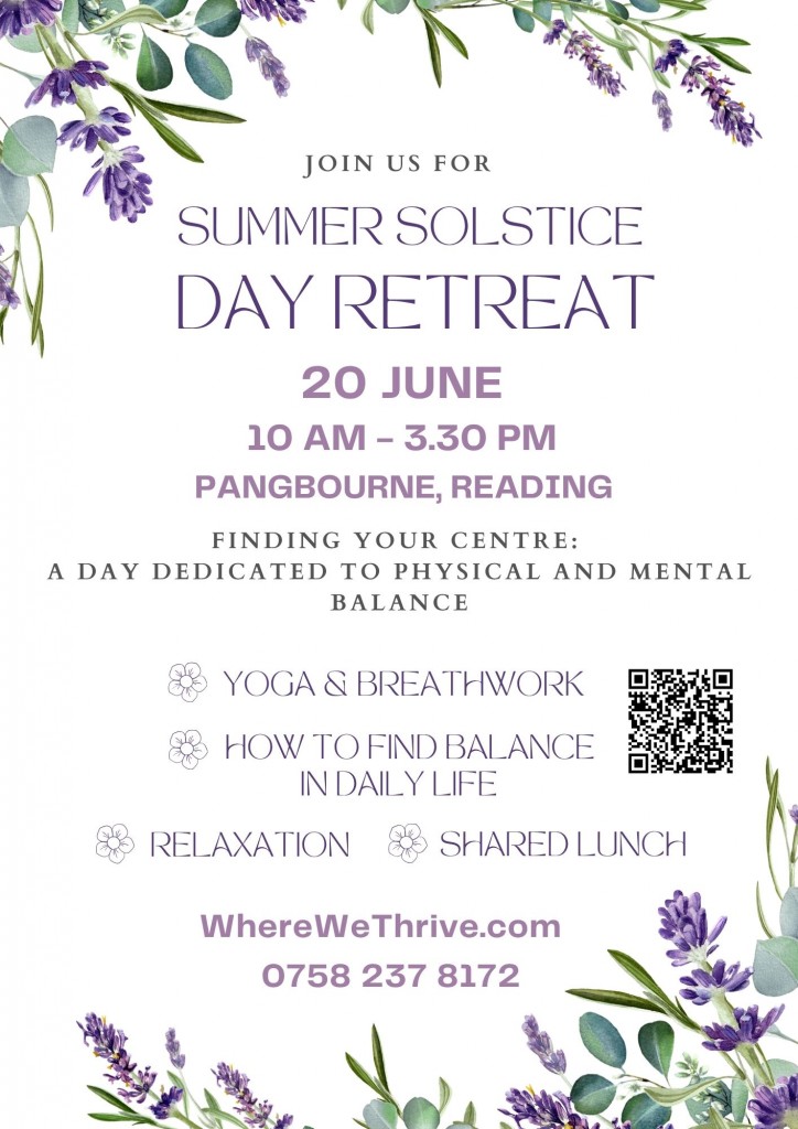 Poster for Summer Solstice Day Retreat Reading Pangbourne 20 June Balance, yoga, breathwork, relaxation, West Berkshire